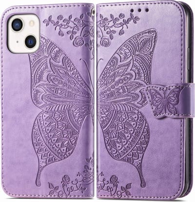Bookcase geschikt voor Apple iPhone 13 - Paars - Vlinder - Portemonnee Hoesje