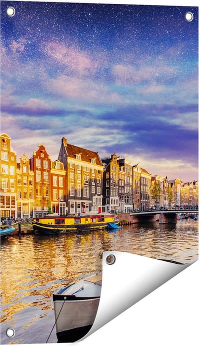 Gards Tuinposter Amsterdamse Gracht in de Nacht met Sterren - 40x60 cm - Tuindoek - Tuindecoratie - Wanddecoratie buiten - Tuinschilderij