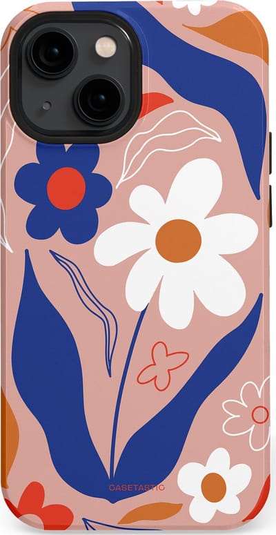 Casetastic hoesje geschikt voor Apple iPhone 13 mini - MagSafe - Dubbellaagse bescherming - Eenvoud in bloei - Fashion Case - Perzik Donkerblauw Wit