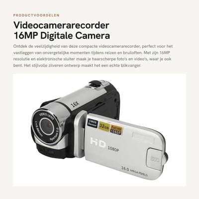 Dailygoods - Videocamerarecorder - 16MP Digitale Camera - USB-aansluiting - Silver - Reisbruiloftopname - Handig voor onderweg - Inclusief vullicht