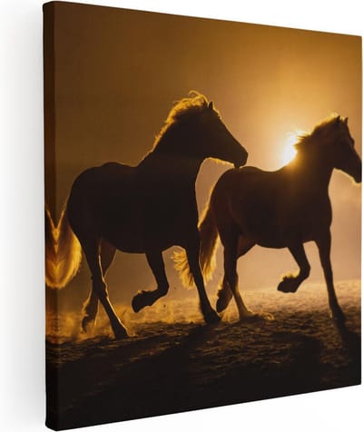 Artaza Canvas Schilderij Paarden - 80x80 cm - Wanddecoratie Zonsondergang - Muurdecoratie Dieren - Schilderijen Op Canvas