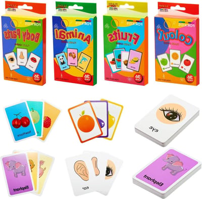 Set van 144 Leerkaarten voor Kinderen, Kleurige Foto Kaarten voor Dieren, Kleuren en Fruit, Educatieve Cognitieve Kaarten voor Taalontwikkeling en Spelenderwijs Leren