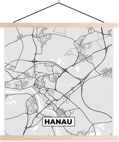 Posterhanger incl. Poster 40x40 cm - Schoolplaat - Plattegrond - Hanau - Kaart - Stadskaart - Duitsland - Textielposter - Blanke latten - Stadskaart