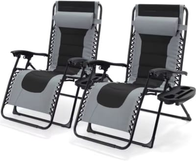 Gewatteerde Zero Gravity Lounge Chair - Tuinstoel - Ligbed - Voor Terras & Tuin - Opvouwbare Fauteuil met Verstelbare Hoofdsteun en Bekerhouder - Ondersteuning tot 160 kg - 2 stuks - Grijs