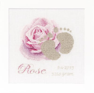 Thea Gouverneur - Borduurpakket met telpatroon - 508A - Voorgesorteerde DMC Garens - Geboortetegel Roos - Aida - 15 cm x 15 cm - DIY Kit