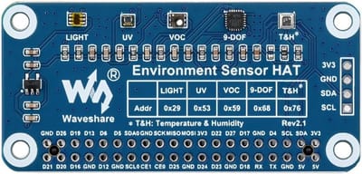 Milieu Sensoren HAT voor Raspberry Pi - I2C Sensor Module met Licht, VOC, IR/UV en Gyroscoop