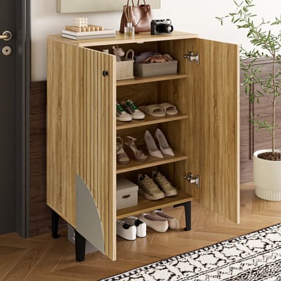 Modern houten schoenenkast met deur - schoenenopbergkast - met planken en opbergruimte - geschikt voor de hal en woonkamer
