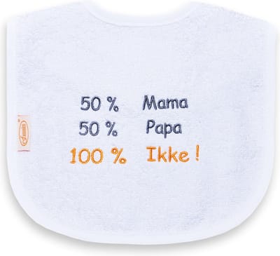 Slabbetje baby | funnies slab 50% mama, 50% papa = 100& ikke!  | papa en mama | kliederschort | eten en drinken