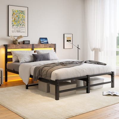 MODFU Bedframe 140x200 cm van metaal en hout – zwart/bruin – met RGB LED, USB en opbergruimte – modern design