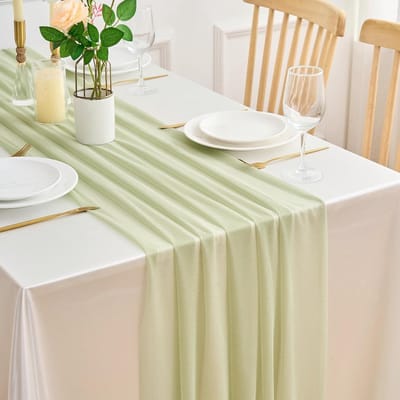 Tafelloper chiffon, saliegroen, 75 x 220 cm, boho, katoenen gaas, rustiek, tafelloper, cheesecloth, decoratie, tafelloper, voor bruiloft, feest, verjaardag, babyshower