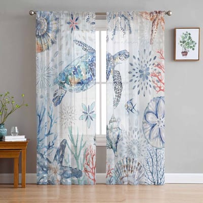 Zomer Oceaan Koraal Schelp Kauri Zanddollar Retro Blauw Schildpad Transparante Gordijnen Kamer Raamgordijnen Keuken Tule Voile Gordijnen W135 x H115cm x1 white
