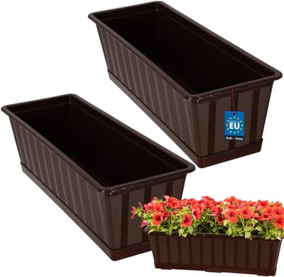 KOTARBAU® 2 st Balkonbak, Bloembak voor Balkon, Kunststof, 50 x 18 x 14 cm, Plantenbak, Bruin, Plantenbak Balkon, met Schotel, Rechthoekig