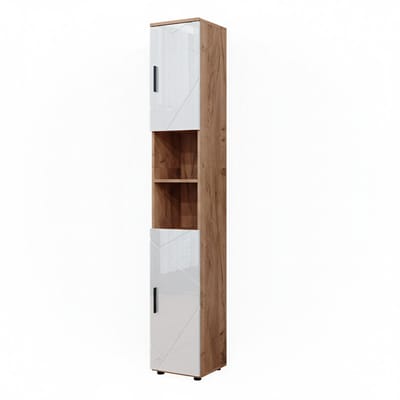 Vicco Irma Badkamerkast – 30 x 192 cm met deuren en open vakken Wit hoogglans/goud power eiken
