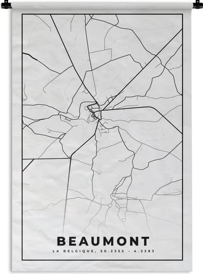 Wandkleed - Wanddoek - België – Beaumont – Stadskaart – Kaart – Zwart Wit – Plattegrond - 120x180 cm - Wandtapijt