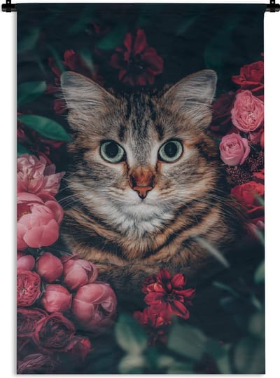 Wandkleed - Wanddoek - Kat - Bloemen - Bladeren - Botanisch - 120x180 cm - Wandtapijt