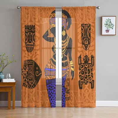 Etnische Vis Indiase Vrouw Schildpad Slaapkamer Transparante Dunne Gordijnen Vakantiedecoratie Raam Voile Tule Gordijn 135W x 114H(cm) black