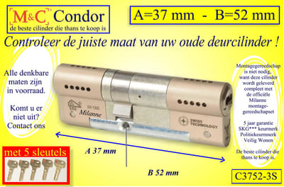 M&C Conder high-tech security deurcilinder 37x52 mm MET 5 SLEUTELS - SKG*** - Politiekeurmerk Veilig Wonen  -  inclusief MilaNNE gereedschap montageset