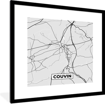 Fotolijst incl. Poster Zwart Wit- Stadskaart – Plattegrond – België – Zwart Wit – Couvin – Kaart - 40x40 cm - Posterlijst