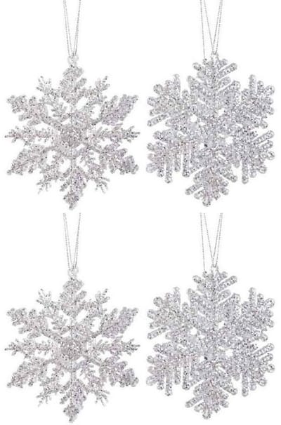 Decoris Kersthangers - 4x - zilver - sneeuwvlok/ster - 12 cm - Sneeuw thema kerstboomhangers