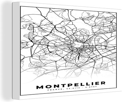 Canvas Schilderij Stadskaart - Montpellier - Plattegrond - Kaart - Frankrijk - Zwart wit - 30x20 cm - Wanddecoratie