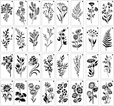 32-delige sjablonen voor het schilderen van wilde bloemen, herbruikbare botanische bloemen en bladeren voor DIY meubels, canvas en wanddecoratie
