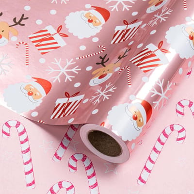 Kerstinpakpapier Rol - Dubbelzijdig Papier - Cadeaus Versieren - Metallic Kerstprint - 43 cm Breed - Roze Thema