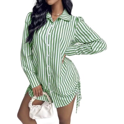 Robe chemise d'été pour femme Revers Manches longues Cordon de serrage latéral Design Mini-robe Boutonnage simple Imprimé rayé Robe chemise B Usage pratique S vert
