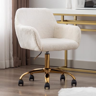 Witte sherpa bureaustoel - In hoogte verstelbare make-up stoel - 360 graden draaibaar - 120 kg draagkracht - Voor thuiskantoor - 53x53x55cm - Wit