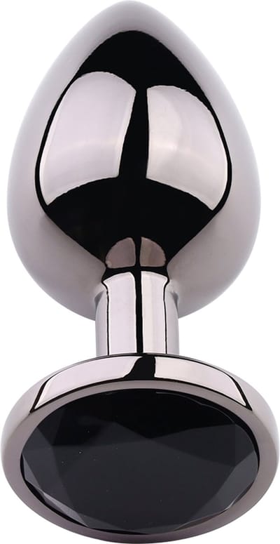 PLGZ - Rosebud Metalen Buttplug - Zwart Metallic - Zwarte Siersteen - Verkrijgbaar in 3 maten Small