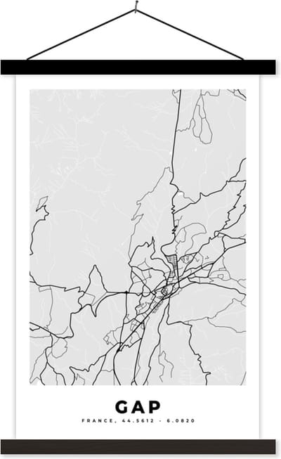 Posterhanger incl. Poster 40x60 cm - Schoolplaat - Plattegrond – Kaart – Stadskaart – Frankrijk - Gap - Textielposter - Zwarte latten - Stadskaart