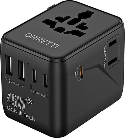 Orretti Wereldstekker - Reisstekker - 45W Snelladen - 3x USB-C & 2x USB-A - 200+ Landen - Reisadapter