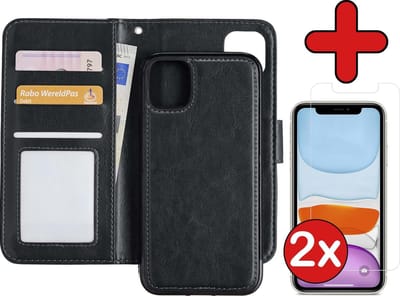 Hoesje - 2 in 1 - Geschikt voor Apple iPhone 11 - Met 2x Screenprotector - En Uitneembare Hard Cover - Kunstleer - Bookcase - Wallet Case - Met Pasjeshouder - Book Case - Uitneembaar - Pashouder - Kunstleer - Telefoonhoes - Zwart