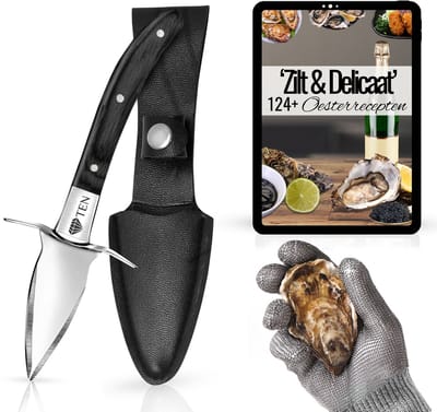 TEN® Signature Oestermes 2.0 - RVS Inclusief Oesterhandschoen en 124 Oesterrecepten eBook - Zwart