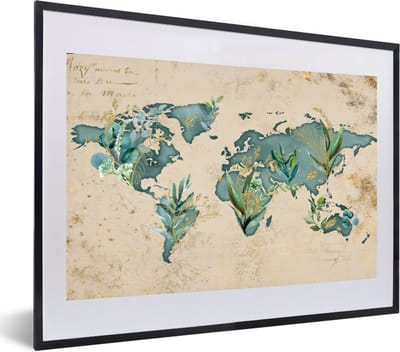 Poster in lijst - Fotolijst 60x40 cm - Posters - Wereldkaart - Papyrus - Vintage - Posterlijst zwart - Decoratie - Wanddecoratie woonkamer - Muurdecoratie slaapkamer