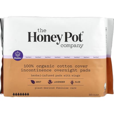 The Honey Pot Company, 100% biologisch katoenen hoes, met kruiden geïnfuseerde pads, met vleugeltjes, nachtelijke incontinentie, pak van 16