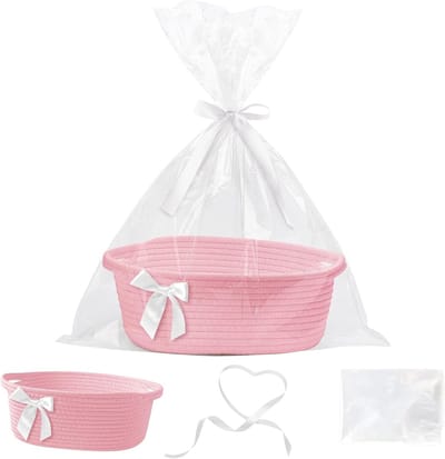 Lege Cadeaumand met Cellofaan Zak en Lint, Gevlochten Opbergmanden met Handvatten voor Babyshower, Bruiloft, Verjaardag en Kerst (Roze)