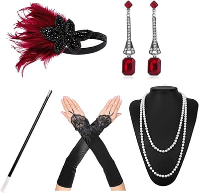 Stijlvolle vintage accessoires voor dames uit de jaren 20 - Gatsby kostuum, parelketting, kant handschoenen en retro oorbellen voor feesten