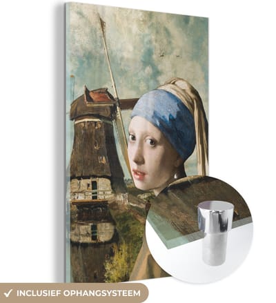 MuchoWow® Glasschilderij 40x60 cm - Schilderij acrylglas - Meisje met de parel - Johannes Vermeer - Molen - Foto op glas - Schilderijen