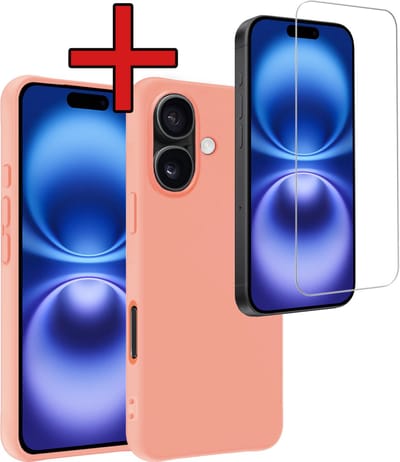Hoesje - Met Screenprotector - Geschikt voor Apple iPhone 16 - Sterk & Shockproof - Telefoon Hoes - Back Cover - Siliconen Case - Telefoonhoes - Perzik