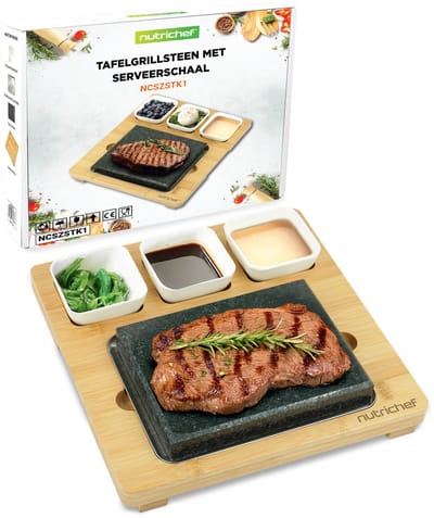 NutriChef Grillsteen Set – Granieten Kooksteen met Bamboe Plank- Ceramische Sauskommen & RVS Plateau – Perfect voor Vlees, BBQ – Binnen- en Buiten Grill