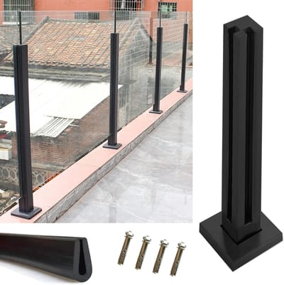 Glazen Leuningpaal - Glazen Schuttingpaal Hoekpaal - Terras Afscheiding - Roestvrij Staal - 95 Cm - Zwart