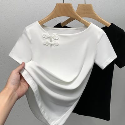 T-shirt à manches courtes pour femmes Nouveau style de vêtements pour femmes Encolure longueur unique Haut de style chinois rétro M blanc