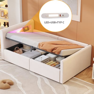 OKWISH Gestoffeerd Kinderbed 90x200 cm – Eenpersoonsbed Jeugdbed – LED-Kopstuk & Hydraulische Opbergruimte – Fluweel – Beige – Zonder Matras
