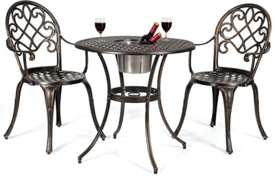 COSTWAY Bistroset met 2 stoelen & bijzettafel, ronde tafel met afneembare ijsemmer & 2 stoelen van gegoten aluminium, tuinmeubelset voor veranda, terras & tuin