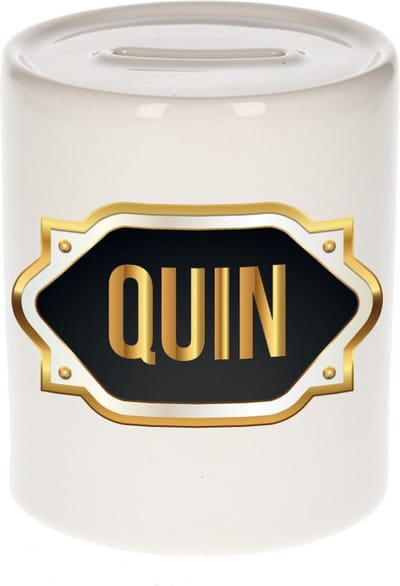 Spaarpot met voornaam Quin - wit - met goud/zwart embleem - 8 x 9 cm - keramiek - met afsluitdop - cadeau verjaardag