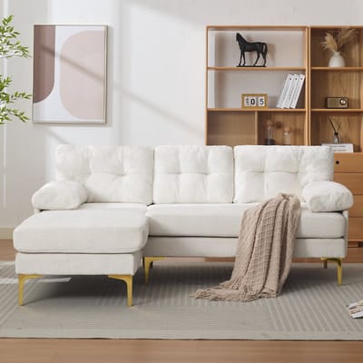 Hoekbank - L-vormige Bank - 3-Zits - Verstelbare rugleuninghoek - Chenille - Metalen stoelpoten - Driezitsbank - Beige