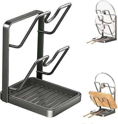 2-in-1 Pan Lid Houder en Potdeksel Organizer, Ruimtebesparende Keuken Rack voor 2 Potdeksels (16-34 cm), Stabiele en Gebruiksvriendelijke Keukenoplossing