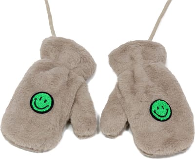 Taupe kinderwanten met smiley - maat 4 - faux fur wanten voor kind - taupe/groen - 6 tot 8 jaar - STUDIO Ivana