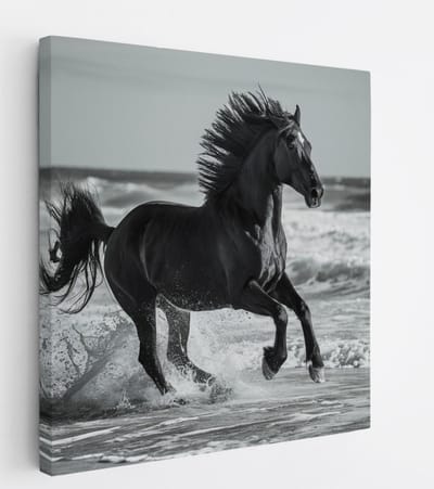 Saammp Canvas Schilderij - Paard in galop door de zee - Dieren - Natuur - 20x20 - Foto op canvas - Wanddecoratie - muurdecoratie Woonkamer - Slaapkamer decoratie - Canvas Print