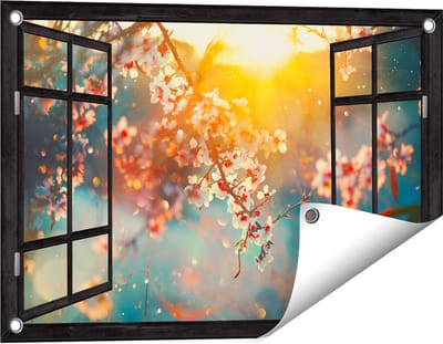 Gards Tuinposter Doorkijk Bloesemboom tijdens Zonsondergang - Bloem - 60x40 cm - Tuindoek - Tuindecoratie - Wanddecoratie buiten - Tuinschilderij